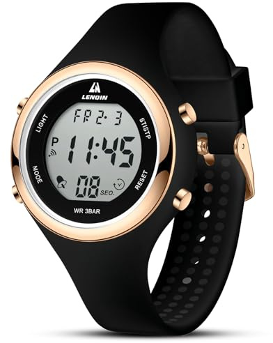 LN LENQIN Montre Femme Montre Le chronomètre pour Femmes 30m Montres de Poignet Militaire imperméables avec rétroéclairage/Alarme/minuterie/Date (R046-Black Gold Black)