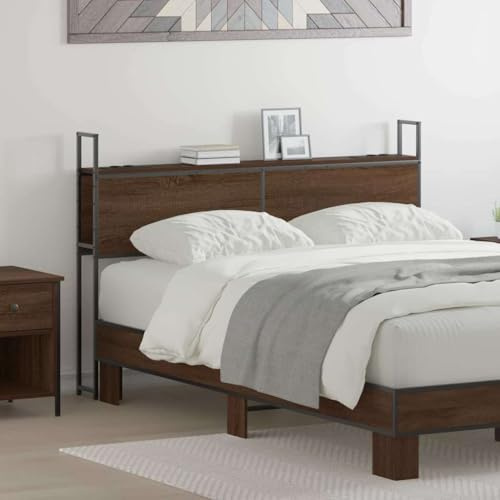 QJBSAVVA Kopfteil Bett 140 cm mit Ladestation, Modernes Holzwerkstoff-Headboard in Braune Eiche, 143 x 15 x 98 cm, Robuste Stahlbeine, Reichlich Stauraum, Einfache Montage für Schlafzimmer
