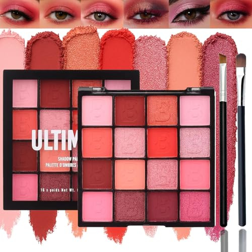16 Colours Pink Red Eyeshadow Palette with Brush - Matte & Shimmer & Glitter Finishes - Waterproof Long-Lasting Highly Pigmented Makeup Kit for Women & Beginners - Easy Blend Bold Looks (Pink Glitter)