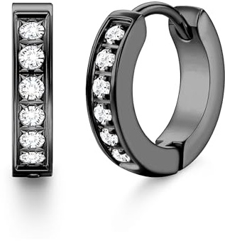 Men's Huggie Hoop Earrings Hypoallergenic 316L Surgical Stainless Steel 14K Gold Plated Black Silver Snap Close Sleeper Cartilage Tragus Helix Hoop Piercing Waterproof Black 13mm
