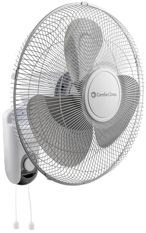 Comfort Zone 16-Inch Wall Mount Fan, Oscillating Indoor Fan with 3 Speed Settings, Adjustable 60° Tilt Head, Quiet Motor, Pull-Chain Control, Metal Grille Fan for Home, Office & Greenhouse