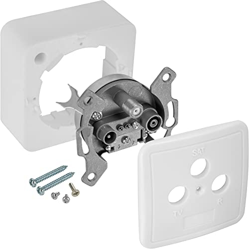 Poppstar 1x 3-Port Universal Satellite Terminal Wall Plate/SAT Wall Socket (1x CATV (cable TV), 1x SAT, 1x radio), surface-/flush-mounted, white