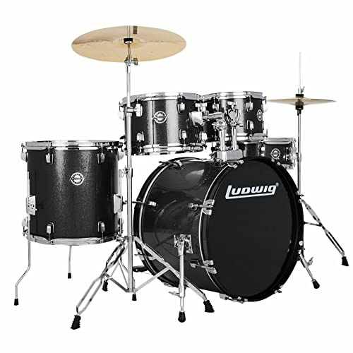 Ludwig Accent Drive Series LC19511 Complete 5-Piece Drum Set Package with Cymbals, Hardware, Drum Throne, Chain-drive Pedal and Sticks, Black Sparkle