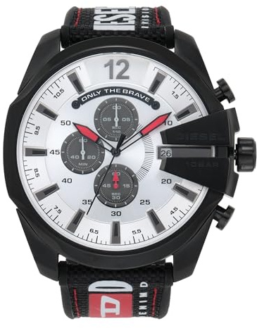 Diesel Herrenuhr Mega Chief, Chronographenwerk, 51mm Schwarzes Edelstahlgehäuse mit einem Nylon, Silikon Armband, DZ4512