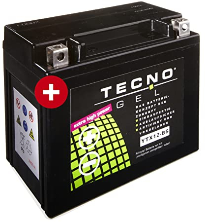 TECNO-GEL Motorrad-Batterie für YTX12-BS, 12V Gel-Batterie 12Ah (DIN 51012), 151x87x130 mm