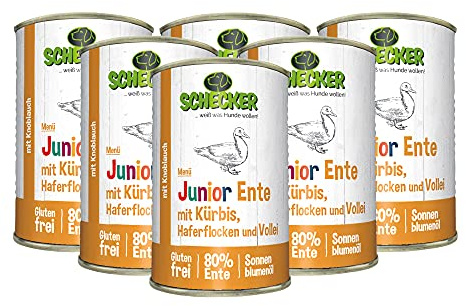 Schecker Nassfutter - Hundemenü Junior Ente mit Kürbis, Haferflocken und Vollei - 4 x 410g - Welpenfutter - mit 80% Ente
