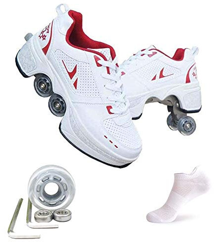 HUOQILIN Inline-Skate, 2-in-1-Mehrzweckschuhe, Verstellbare Quad-Rollschuh-Stiefel,Red-EU36