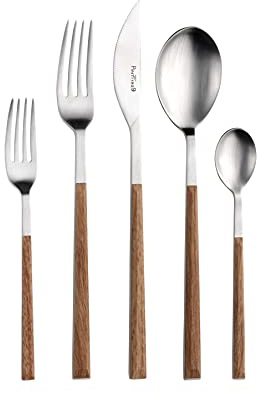 Pintinox Kyoto 30-teiliges Besteckset Nickelfreiem Stahl 6 Kucktischen, 6 Gabeln, 6 Colt Tisch, 6 Kaffeekuchen, 6 Süßgabeln Teak