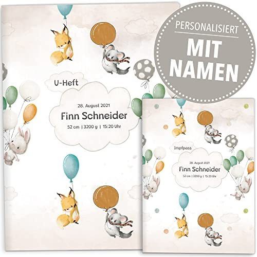 OLGS U-Heft und Impfpasshüllen Set Awesome World | Untersuchungsheft & Impfpass Hüllen, Babygeschenk mit Namen und Geburtsdatum - Uhefthülle, Impfpasshülle personalisiert, Balanced Balloon