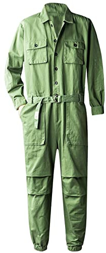 Snoly Men Cotton Button Flight Suit With Belt, Twill Stain & Wrinkle Resistant Work Coverall, Action Back Jumpsuit (Large, Green)