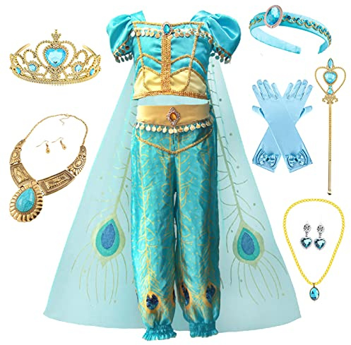Emin Mädchen Prinzessin Kostüm Arabische Prinzessin Verkleidung Grün Kleid mit Accessoires Geburtstag Party Weihnachten Halloween Karneval Cosplay Verkleiden Grün, 110