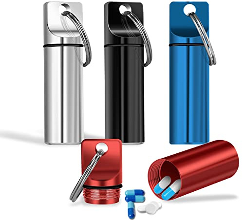 Grevosea 4 Stück Kleine Pillendose Schlüsselanhänger Tablettendose Tragbare Pillendose Metall Mini Tablettenbox Wasserdichter Pillenhalter Behälter für Outdoor Camping-6x1.7cm-Schwarz,Silber,Rot,Blau