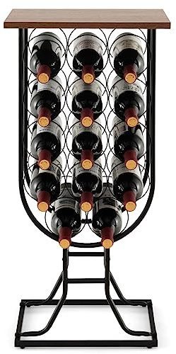 GOPLUS Casier à Vin 14 Bouteilles avec Roues, Cadre Métallique | Organisateur de Rangement de Vin Mobile avec Plateau en Bois pour Cuisine, Garde-Manger, Bar, Noir