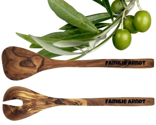 HOFMEISTER® Salatbesteck Olivenholz personalisierte Gravur - Geschenk zur Hochzeit, zum Einzug, Jubiläum, Geburtstag - Küchenhelfer mit Wunschtext, Holzlöffel, Salatlöffel, 2-teilig, 31 cm