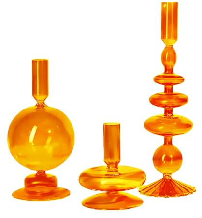 LKPOMI Candelabros de Cristal de 3 Piezas, Candelabro Cónico de Cristal Colorido, Candelabro Moderno Y Elegante, Soporte para Vela para Centro de Mesa, Decoración del Hogar, Boda, Fiesta(Naranja)
