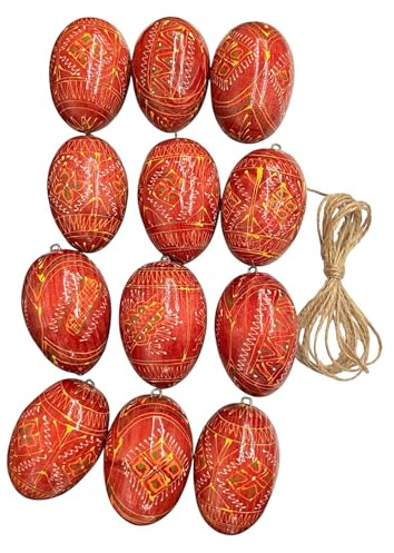 Ukrainisches Kunsthandwerk Handbemaltes Holz Osterei Braun – Set mit 12 Stück – Osterdeko zum Aufhängen mit Metallöse – traditionelle Handarbeit