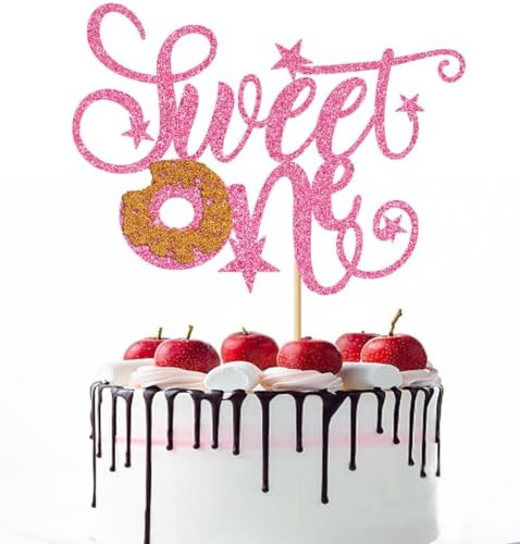 Confetti! Sweet Donut One Cake Topper | Candyland Sweet One | First Birthday Party Supplies | Baby Shower Decor，Donut 1st Themed Baby Shower Birthday Party Cake Supplies (Pink Glitter)