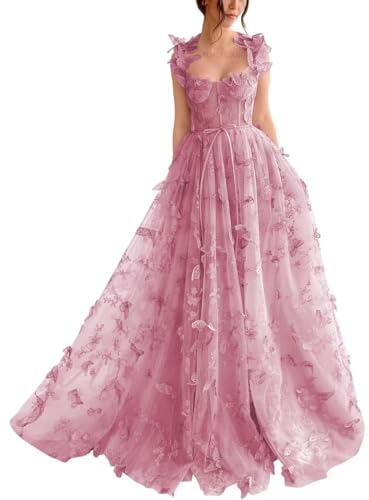 Damen-Ballkleid Aus Tüll Langes Ballkleid Mit Spitzenapplikation 3D-A-Linie Schmetterling Formelles Abend-Partykleid Mit Schlitz Dusty Pink L