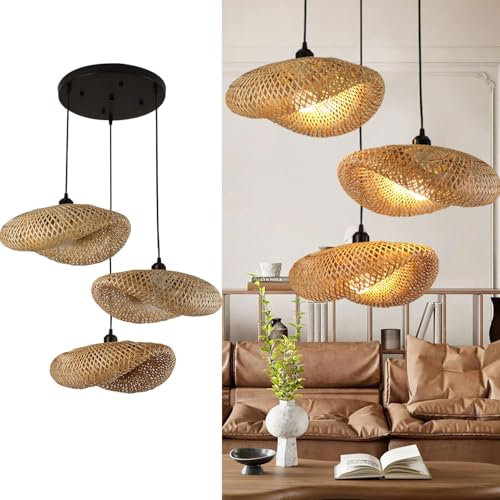 AIAO Pendelleuchte Handgewebte Bambus Retro E27 Hängeleuchten Kombination 3 Flammen Kronleuchter Vintage Esstisch Pendellampe For Wohnzimmer Schlafzimmer Esszimmer Cafe Bar Bauernhaus Hängelampe(C)
