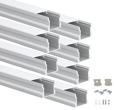 Besseto 8 Pack 3.3 ft/1 m Spotless LED Aluminium Channel, Flat Milky Diffuser, Deep Aluminium Profile Channel for LED Strip Light Width Up to 12 mm
