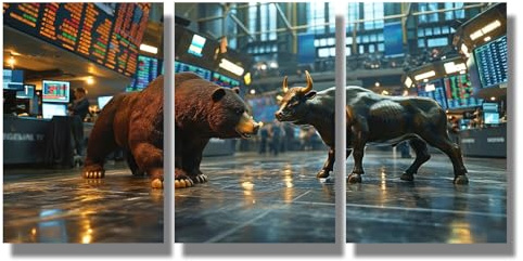 LSIUHWUWI Lienzo decorativo con diseño de toro comercial, decoración de oficina, soporte de estatua de oso y toro en una bolsa de valores, póster de inversión en el mercado de valores para decoración