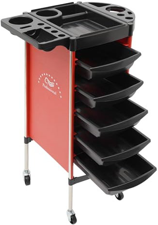 Friseurwagen, 6 Tier Friseur Arbeitswagen, Stapel Salon Trolley, Rollwagen mit Einziehbare Ablagen | 5 Schubladen | Leise Rollen für Friseurladen Schönheitssalon Nagelstudio (36 * 36 * 85,5cm, Rot)