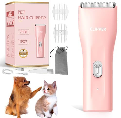 Dog Clipper Professional Hair Clipper with Ceramic Blade, Quiet Hair Trimmer for Cat Electric Pet Hair Clipper, IPX7 Waterproof (Pink)