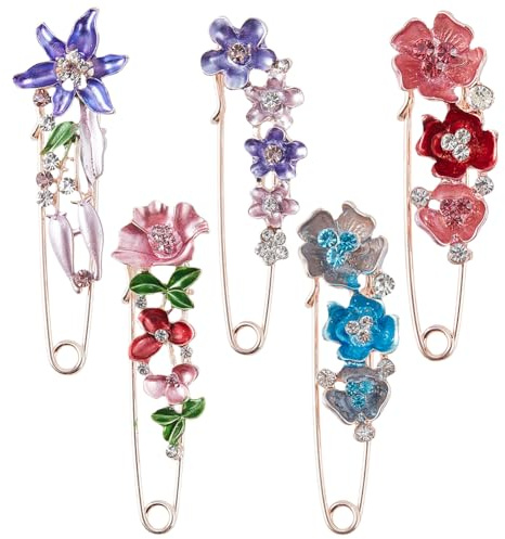 SUNNYCLUE 1 Box 5 Stück 5 Stile Blumen Sicherheitsnadel Kiltnadeln Roségold Metalllegierung Emaille Strass Blumendekorationen Clipverschluss Große Brosche Für Pullover Mützen Schals Kleidung Schmuckzu