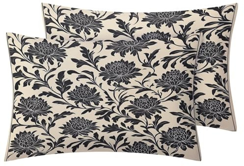 TANCAPRIUM Black Flower Pillow Cases King Size Set of 2, Floral Pillowcase & Home Decor, Botanical Pillow Covers 20x36, Pillow Shams with Zipper, Soft Breathable