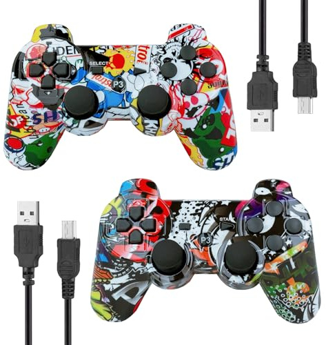 eSeunLau Controller wireless Bluetooth Gamepad, rilevamento del movimento, con joystick aggiornati, per giochi su PC PS-3, include cavo USB, confezione da 2 (Tribal Street Art)