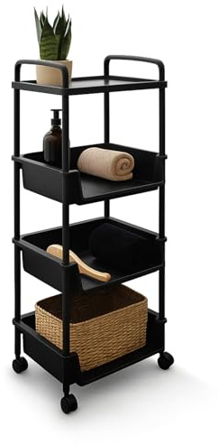 ABBAware Ablagefachwagen mit 4 Ablagen - Regal mit Rollen - 40 x 32 x 100 cm Kunststoff schwarz - kompakter Servierwagen & Küchenwagen - Aufbewahrungswagen für Küche, Bad, Wohnzimmer, Büro