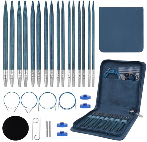 Hobekoee Austauschbares Rundstricknadel-Set, Birkenholz, austauschbare Stricknadeln, 3,5 mm - 6,5 mm, mit Kabeln, Zubehör und Etui, 8 Paar