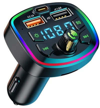 Supecesorio Trasmettitore FM per auto, Bluetooth, adattatore vivavoce, 2 porte USB + tipo C, MP3, caricabatterie rapido per auto, radio wireless, supporto TF card, U-disk, luce ambientale
