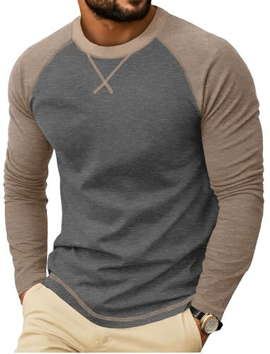 QIXING Mens Cotton Shirt Long Sleeve Casual Crew Neck Soft Crew Neck Raglan Sleeve T-Shirts(Dark Gray, L)