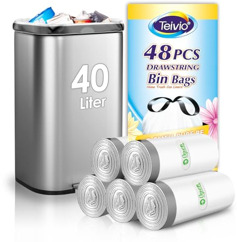 Teivio 40 Liter Bin Liners with Tie Tap, 48 Counts Strong Swing Bin Bags with Drawstring Handle, 10-13 Gallon Waste Bin Bags for Home Office Kitchen Bathroom Bedroom, White Rubbish Bags