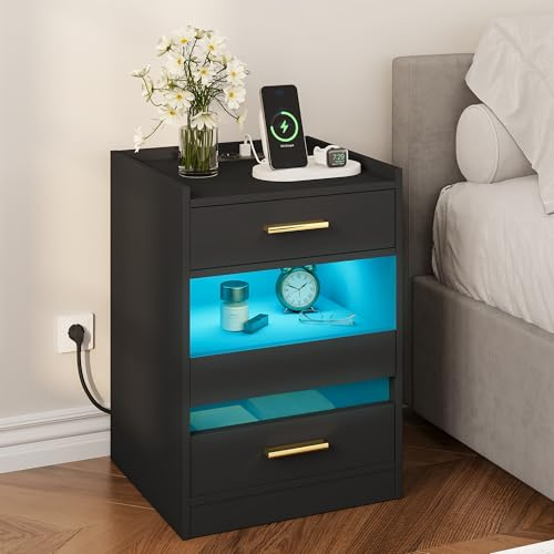 YITAHOME Comodino, tavolino con luci a LED e stazione di ricarica, comodino con cassetti per soggiorno, camera da letto, 40 x 40 x 60 cm, nero