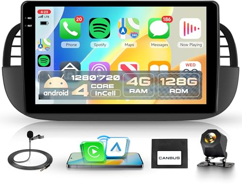 4G+128G Wireless Carplay Android 15 Autoradio per FIAT 500 2007-2015 9 Pollici Incell Touchscreen Autoradio con Android Auto GPS Navi WiFi Mirror Link Bluetooth FM/RDS EQ/USB/SWC Telecamera Posteriore