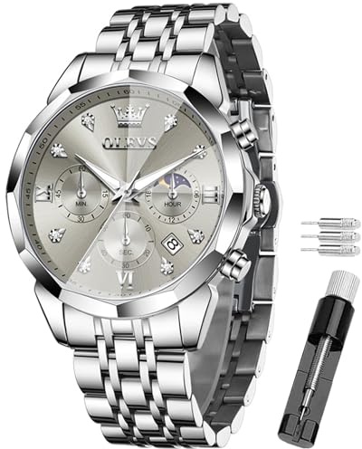 OLEVS Orologio da uomo – Cronografo multifunzionale con 4 quadranti ausiliari, indici luminosi, data, impermeabile 3 ATM, bracciale in acciaio, orologio al quarzo, Classico