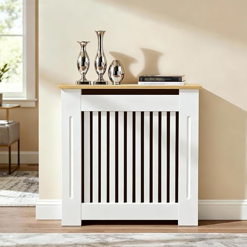 FATIVO Cubre Radiadores Alta Blanca Moderna: 78x20x92.5cm Cubre Radiador de MDF con Estante Superior de Madera, Cubreradiador Reforzada y Duradera para el Hogar u Oficina(Vertical)