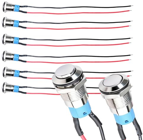 Culinavog 6 pezzi Pulsante Impermeabile, Interruttore a pulsante autobloccante con 15cm filo di Collegamento, 12mm Precablato pulsante campanello 6A/12V/24V/125V/250V(Testa Alta)