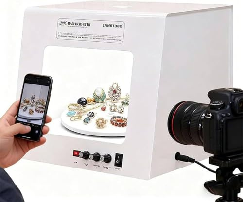 Memykoy Elektrischer 360-Grad-Drehteller, Gold- und Silberschmuck-Foto-Leuchtkasten-Set, Fotostudio-Fotografie-Leuchtkasten, Softbox, dimmbarer drehbarer Drehteller T20
