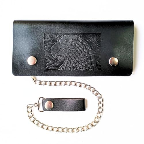 Générique Portefeuille de Motard 19,5 cm en Cuir Vachette Robuste avec Chaîne Métal Amovible, Porte-Monnaie zippé et Porte-Carte. Tête d’Aigle en Relief. Portefeuille Biker Noir.