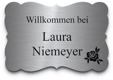 Retro 3 Namensschild Edelstahl V2A geschwungen - dauerhafte wetterfeste Gravur - ab 9x6 cm - Briefkasten Namensschild Klingelschild mit Gravur - Türschild personalisiert - Hochzeit Schild