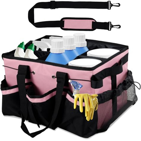 Kuphy Cleaning Caddy Bag with Adjustable Shoulder Strap and Multiple Pockets Multifunctional Cleaning Caddy Storage Large Capacity Cleaning Tote Organizer for Housekeepers