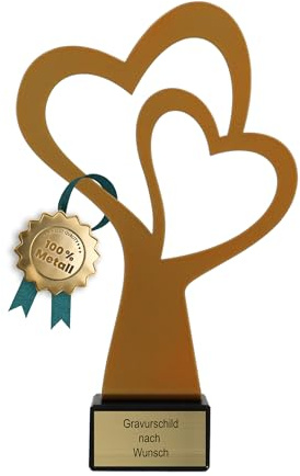 Goldener Herz-Pokal mit Gravur, 21 cm, Metall, Herz-Silhouette | Geschenk-Trophäe mit Steinsockel, personalisiertes Geschenk, Muttertag & Hochzeit