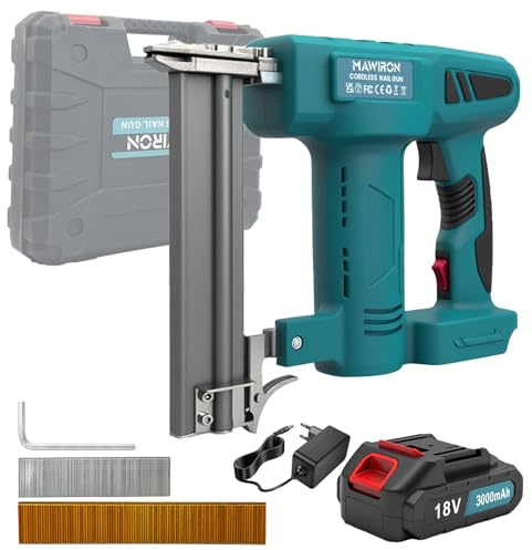 Chiodatrice a batteria da 18 V con batteria da 3000 mAh e caricabatterie, chiodatrice senza fili con motore brushless, 80 battiti/min, fino a 50 mm di lunghezza, con 500 perni dritti, 500 clip