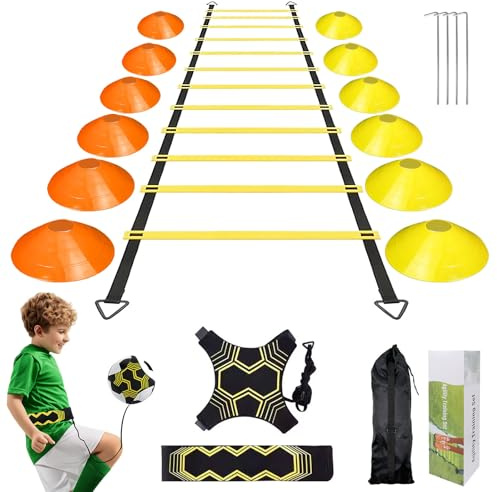 Luhuuxmu Juego de entrenamiento de fútbol con escalera de agilidad de 6 m y 12 conos, entrenamiento de coordinación para jóvenes y adultos, regalo para deportistas, ejercicios de equilibrio y slalom