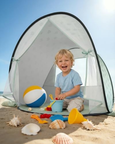 Strandmuschel Pop-Up Baby & Kinder - Strandzelt Windschutz (Grün) | UV-Schutz UPF 50+, automatischer Aufbau, inkl. Tragetasche & Heringe, Sommer Must-Have
