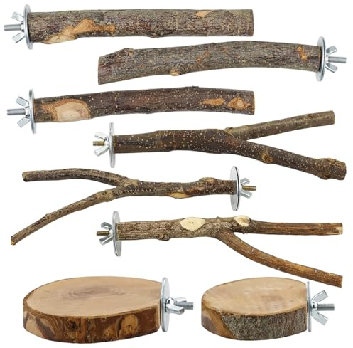 Parrot Toys 8 Stück Naturholz-Vogelsitzstange zum Aufhängen, Spielplatz für Sittiche, Wellensittiche