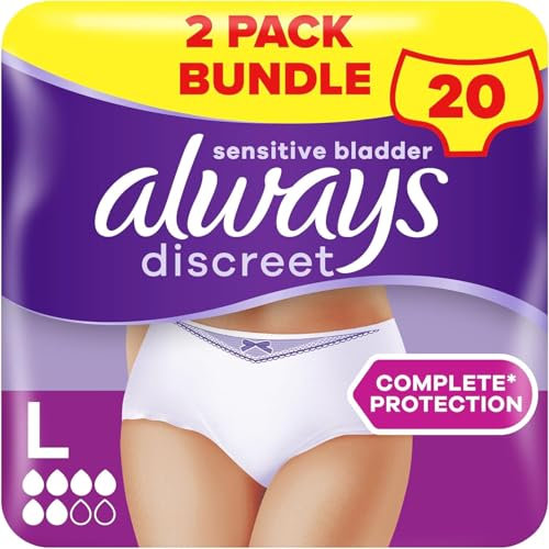 Always Discreet Incontinence Pants Women Large, L, UK 16-22, White, Absorbency 6, 20 Disposable Underwear Women / Knickers (10 x 2 Packs), Adult Diapers